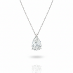 A silver chain necklace featuring a single, sparkling, pear-shaped clear gemstone pendant held in a three-prong setting against a white background.
