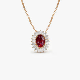 Oval Shape Ruby with Baguette Halo Setting Necklace