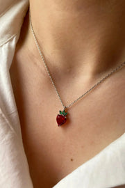 Golden Berry Necklace with sterling silver plated by gold strawberry pendant, fruit-inspired summer jewelry gift for her 

