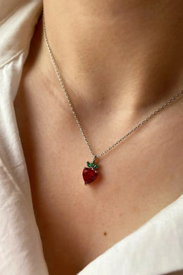 Golden Berry Necklace with sterling silver plated by gold strawberry pendant, fruit-inspired summer jewelry gift for her 


