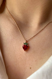 Golden Berry Necklace with sterling silver plated by gold strawberry pendant, fruit-inspired summer jewelry gift for her 

