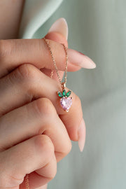Rose Quartz Heart Pendant with Green Leaf