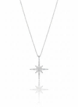 A sterling silver necklace with a minimalist, eye-shaped pendant. The pendant is formed from two separate, curved pieces that create a stylized eye. The necklace is displayed against a soft neutral background.